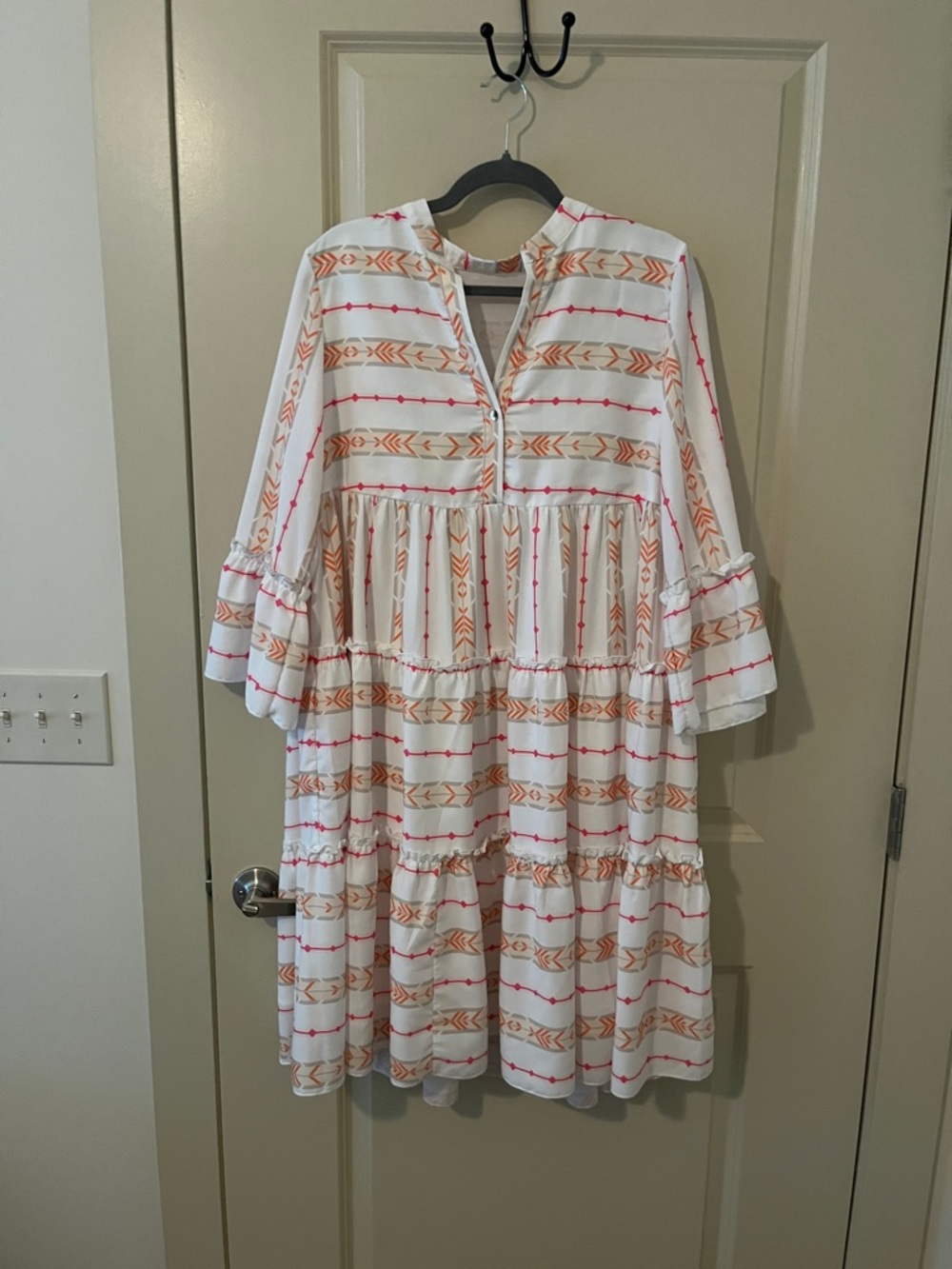 White Tiered Boho Aztec tribal Dress Print ruffle bohemian
